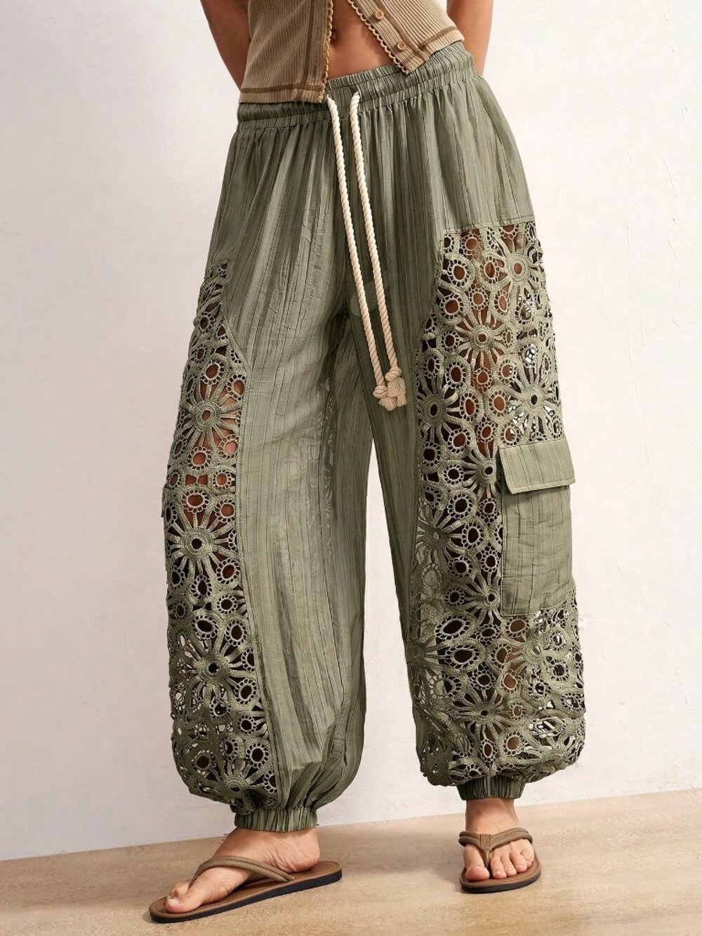 Women's Casual Boho Woven Patchwork Loose Fit Long Pants Vacation - Picture 6 of 8